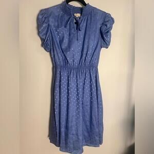 Chenault Dress Puff Sleeve Periwinkle Blue Polka Dots Tie Collar Small NWOT